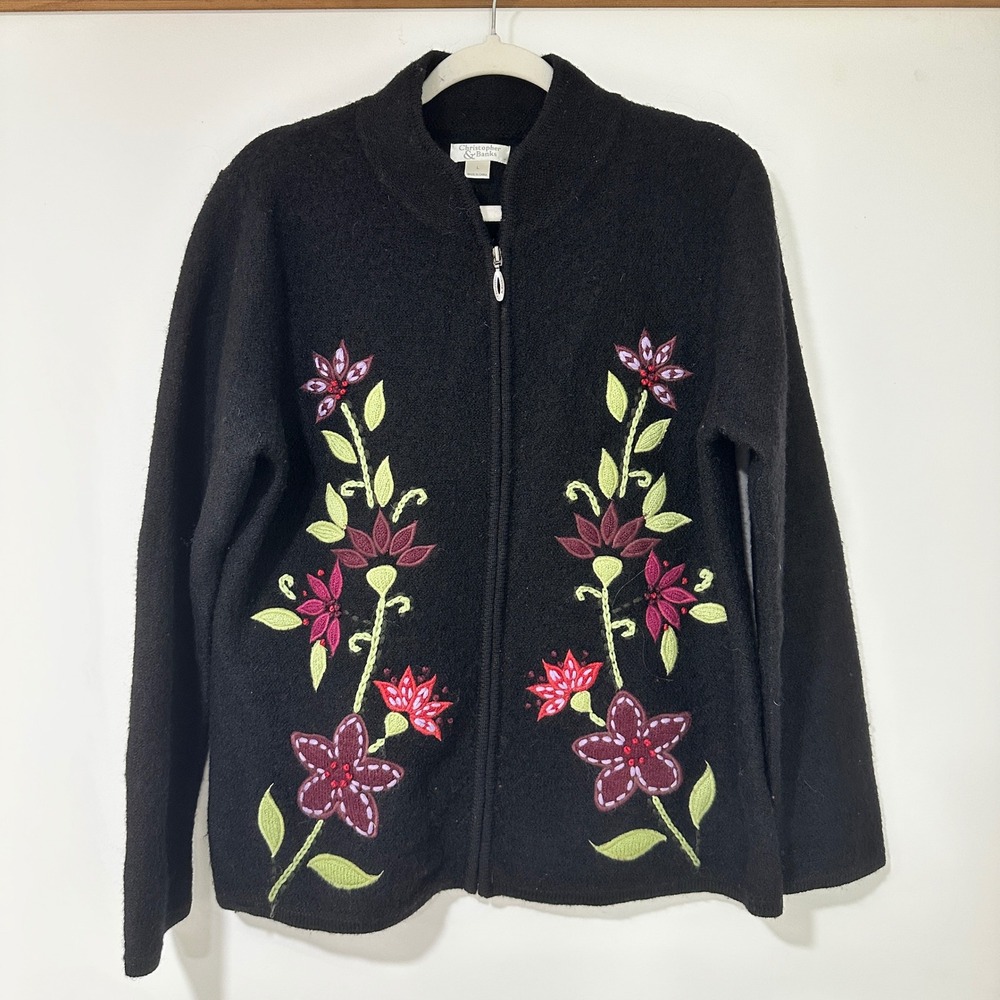 Christopher & Banks Wool Cardigan Sweater Women L Black Floral Embroidered Zip